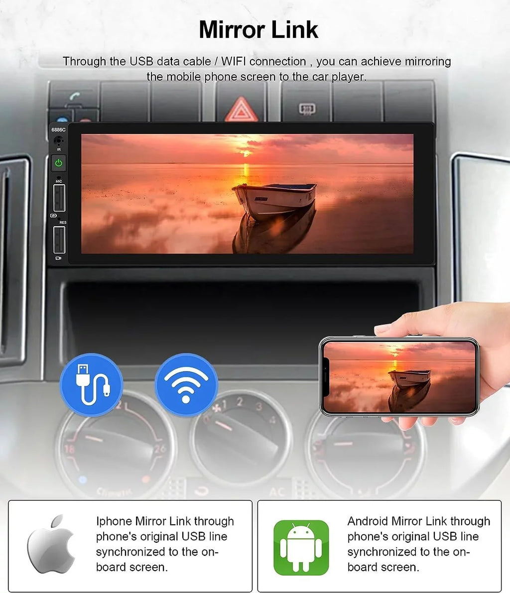 Podofo Sizeingle 1 Din 6.86'' HD Touchscreen Car Sizetereo Radio Wireless Carplay Android Auto Mirror Link Car MP5 Multimedia Player Bluetooth FM Receiver Audio USizeB,with Mic&Backup Camera