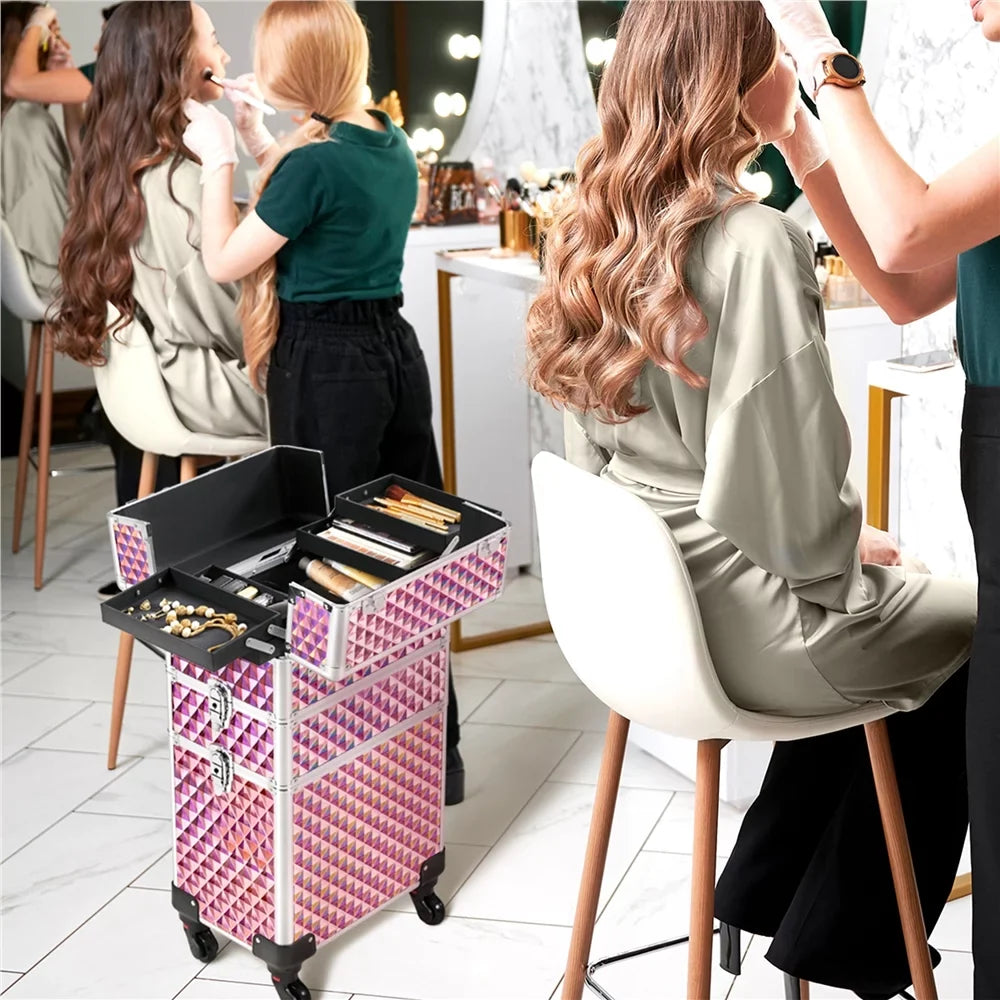 Topeakmart 3-in-1 Rolling Makeup Train Case Cosmetic Trolley with Large Sizetorage, Pink