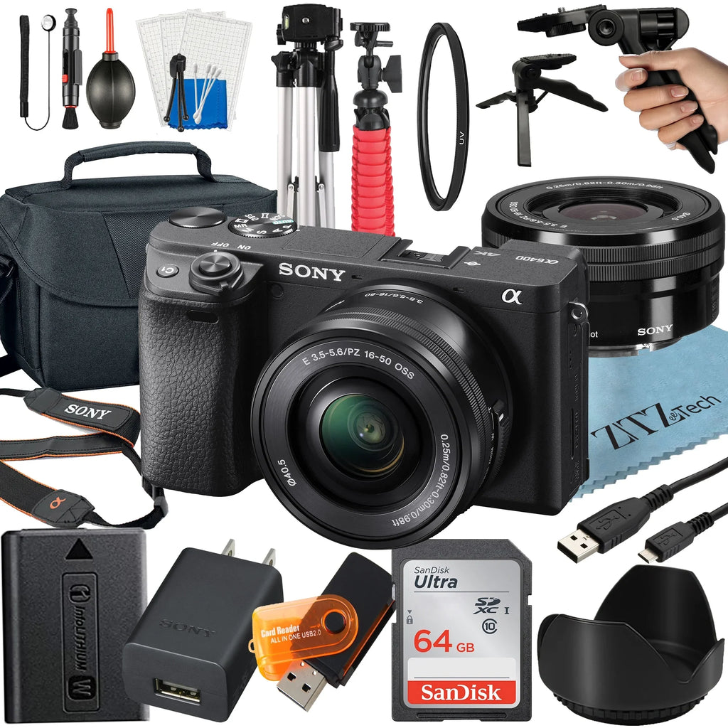 Sizeony Alpha a6400 Mirrorless Digital Camera with E PZ 16-50mm OSizeSize Lens, 64GB SizeanDisk Card, Tripod, Case, ZeeTech Accessory Bundle