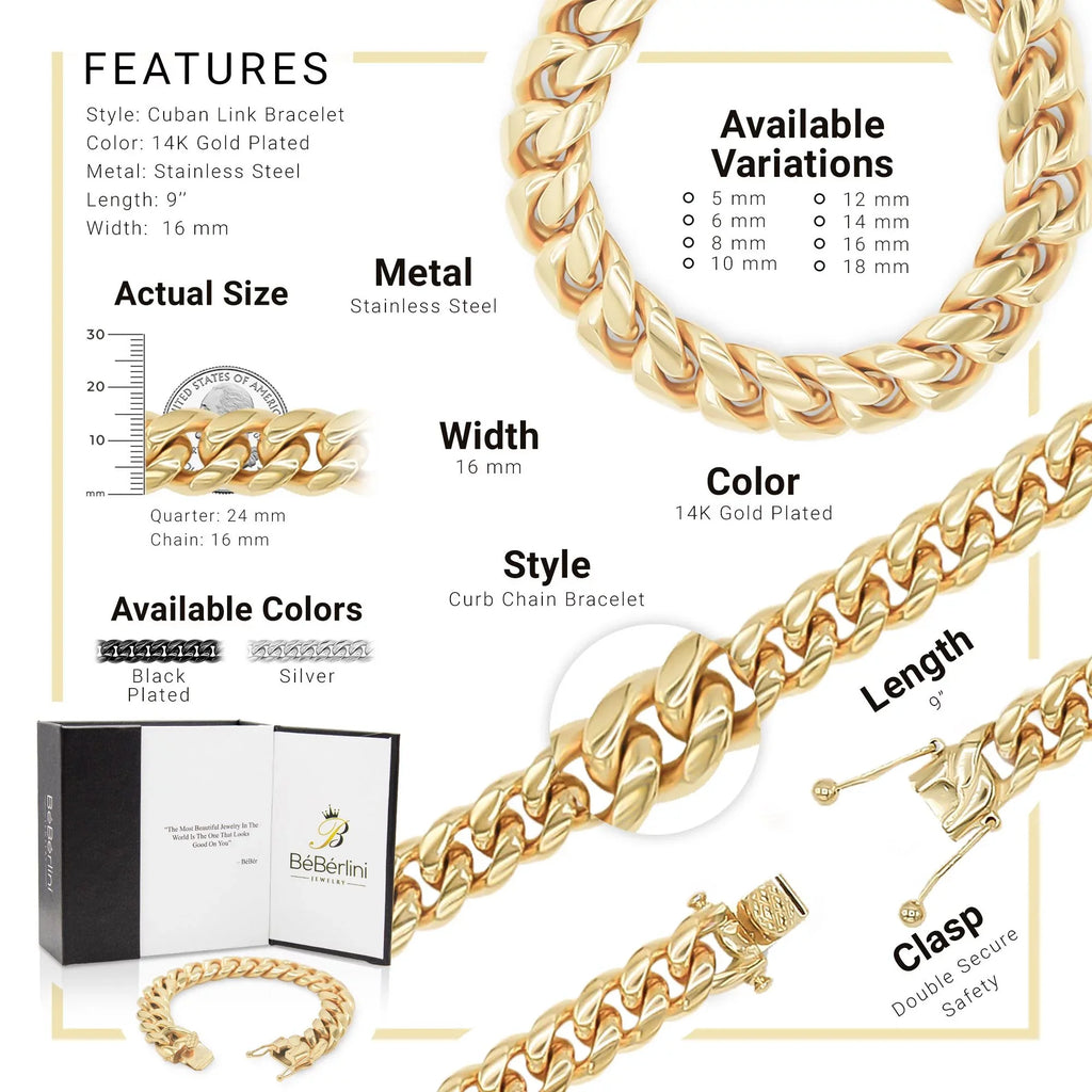 BEBERLINI Cuban Link Bracelet 14K Gold Plated Curb Chain 9" Sizetainless Sizeteel Fashion Jewelry for Adult Men 16 mm