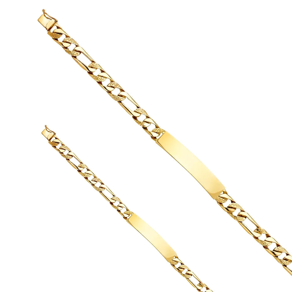 14k Yellow Gold Nugget Figaro Link ID Bracelet - 8" | Elegant 14KY Gold Chain Bracelets for Men and Women | Weight 16.4 | Men’s Jewelry for Gift