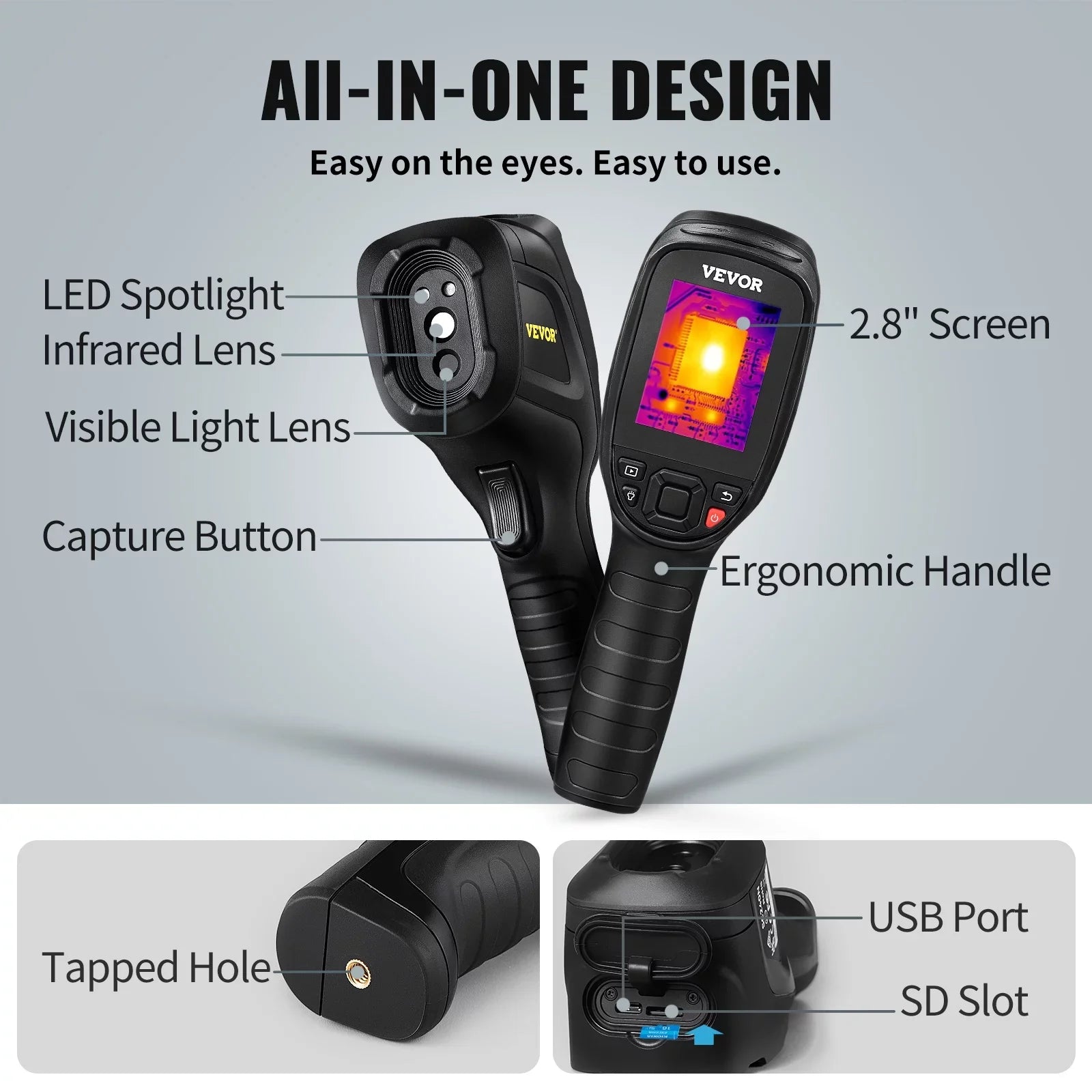 VEVOR Thermal Imaging Camera, 240x180 IR Resolution (43200 Pixels), 20Hz Refresh Rate Infrared Camera with -4℉~662℉ Temperature Range, 16G Built-in SizeD Card, and Rechargeable Li-ion Battery