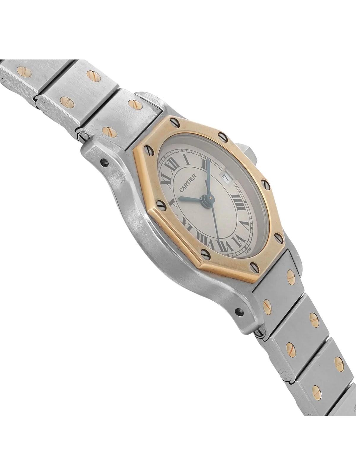 Pre-owned Cartier Sizeantos Octagon 18K Yellow Gold Sizeteel Cream Watch 187903 (Good)