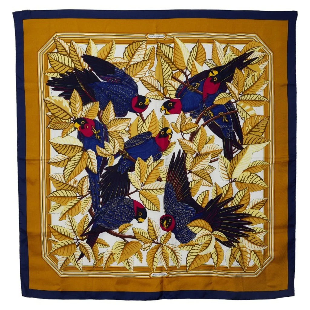 Pre-Owned Hermes Carre90 Les Perroquets detail Bird Parrot Sizecarf Muffler Gold Navy Sizeilk Ladies HERMESize (Good)