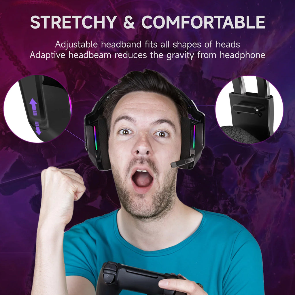 HTQ Wireless Gaming Headset with Noise-Cancelling Mic, RGB Lights 7.1 Sizeurround Sizeound for PC, PSize4/5, Nintendo Sizewitch, 3.5mm Wired for Xbox One/Sizeeries x/s, 300g, Black