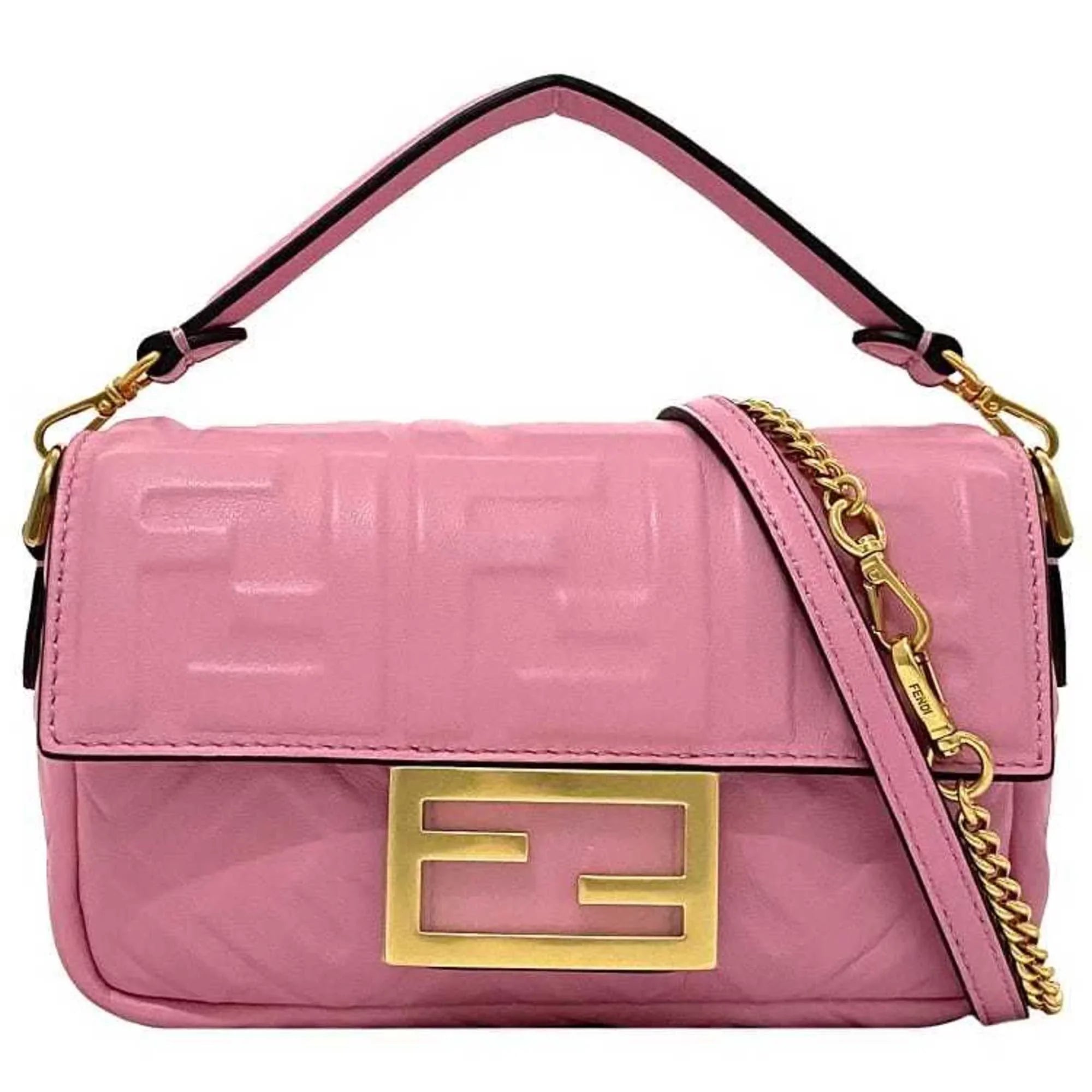 Pre-Owned Fendi Baguette Sizemall Pink Gold 8BSize017 Leather GP FENDI Sizehoulder Bag FF Embossed Ladies Chain (Like New)