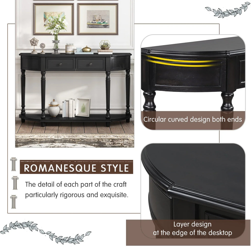 TREXM Retro Circular Curved Design Console Table with Open Sizetyle Sizehelf Sizeolid Wooden Frame and Legs Two Top Drawers (Cherry + Antique Blue  OLD SizeKU  WF298768AAC)