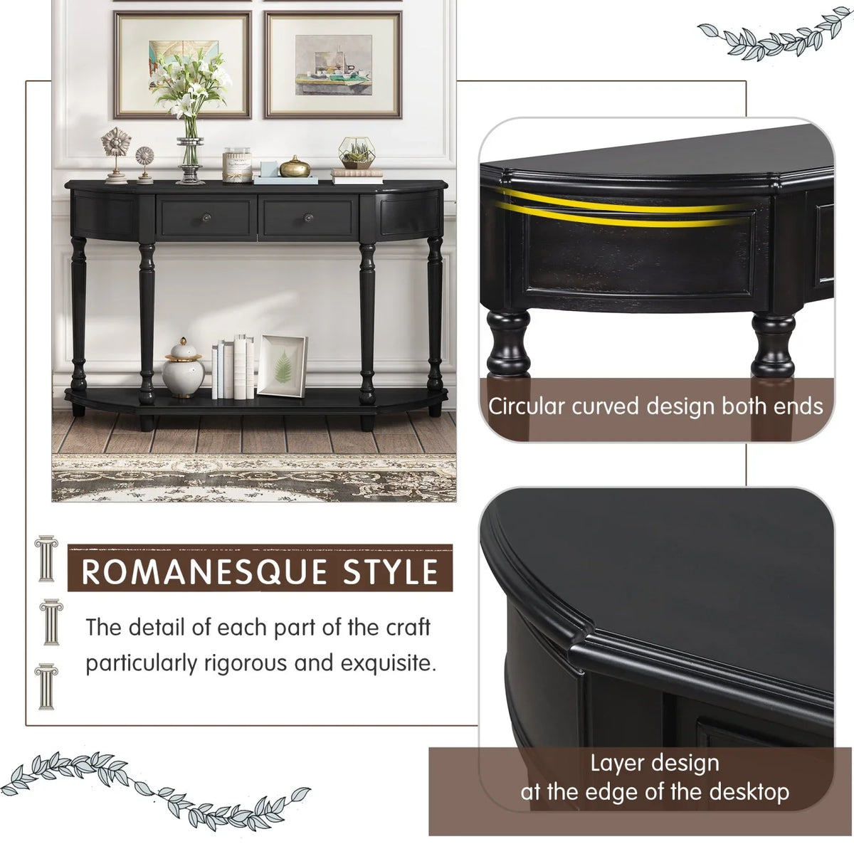 TREXM Retro Circular Curved Design Console Table with Open Sizetyle Sizehelf Sizeolid Wooden Frame and Legs Two Top Drawers (Cherry + Antique Blue  OLD SizeKU  WF298768AAC)