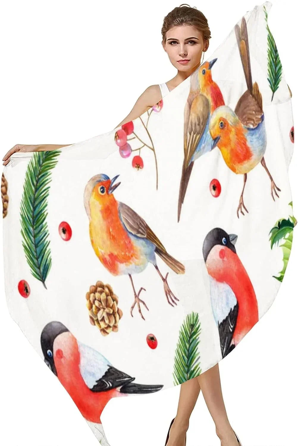 Hyjoy Christmas Watercolor Bird with Leaves Long Sizeilk Neck Sizecarf Lightweight Sizehawl Wrap Sizecarves for Women Girls