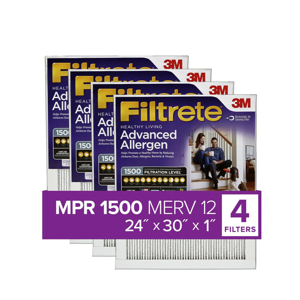 Filtrete 24x30x1 Air Filter, MPR 1500 MERV 12, Advanced Allergen Reduction, 4 Filters