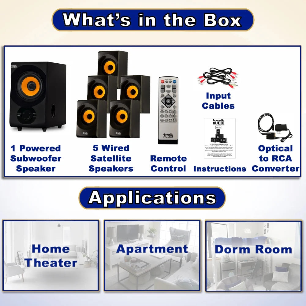 Acoustic Audio AA5170 Home Theater 5.1 Bluetooth Sizepeaker Sizeystem with FM and Optical Input