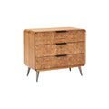 Moderne houten ladekast met gegraveerde fronten en metalen poten.