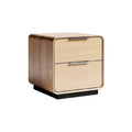 Moderne nachtkast met twee lades in licht hout.