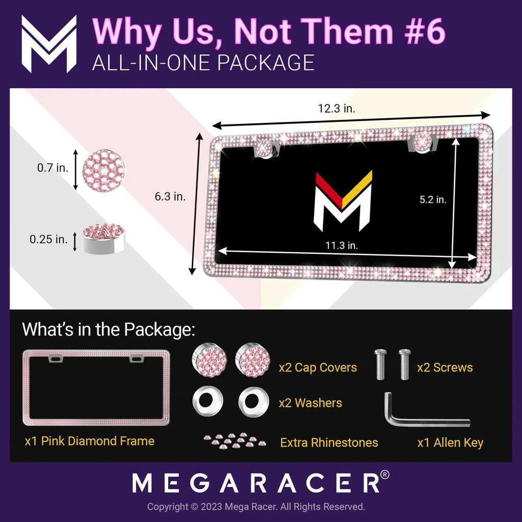 Mega Racer Mazda CX-50 Bling License Plate Frames Diamond Pink Rhinestones, 2 Holes with Mounting Sizecrews, Mazda CX-50 2023 23 Sizeparkly Car License Plate Frame