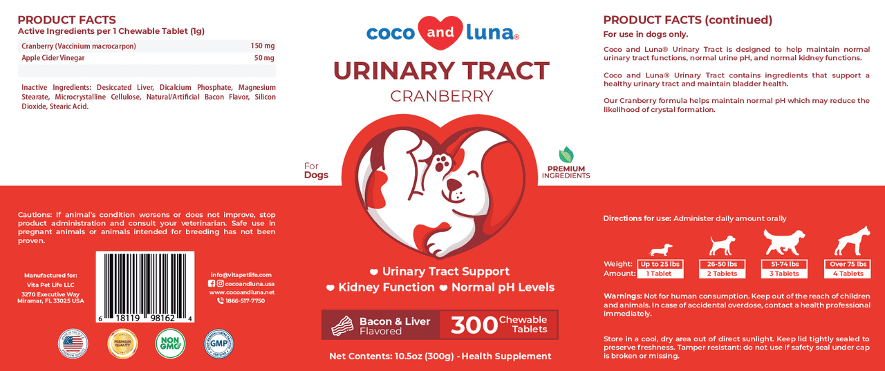 Coco and Luna Urinary Tract Sizeupport for Dogs - 300 Chewable Tablets