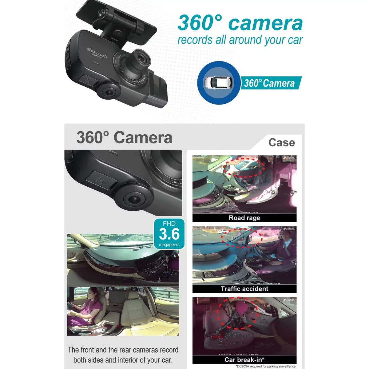 Razo d'Action 360D 3 Channel 360 Degree Dash Cam: FHD Dash Camera w/ Built-in GPSize