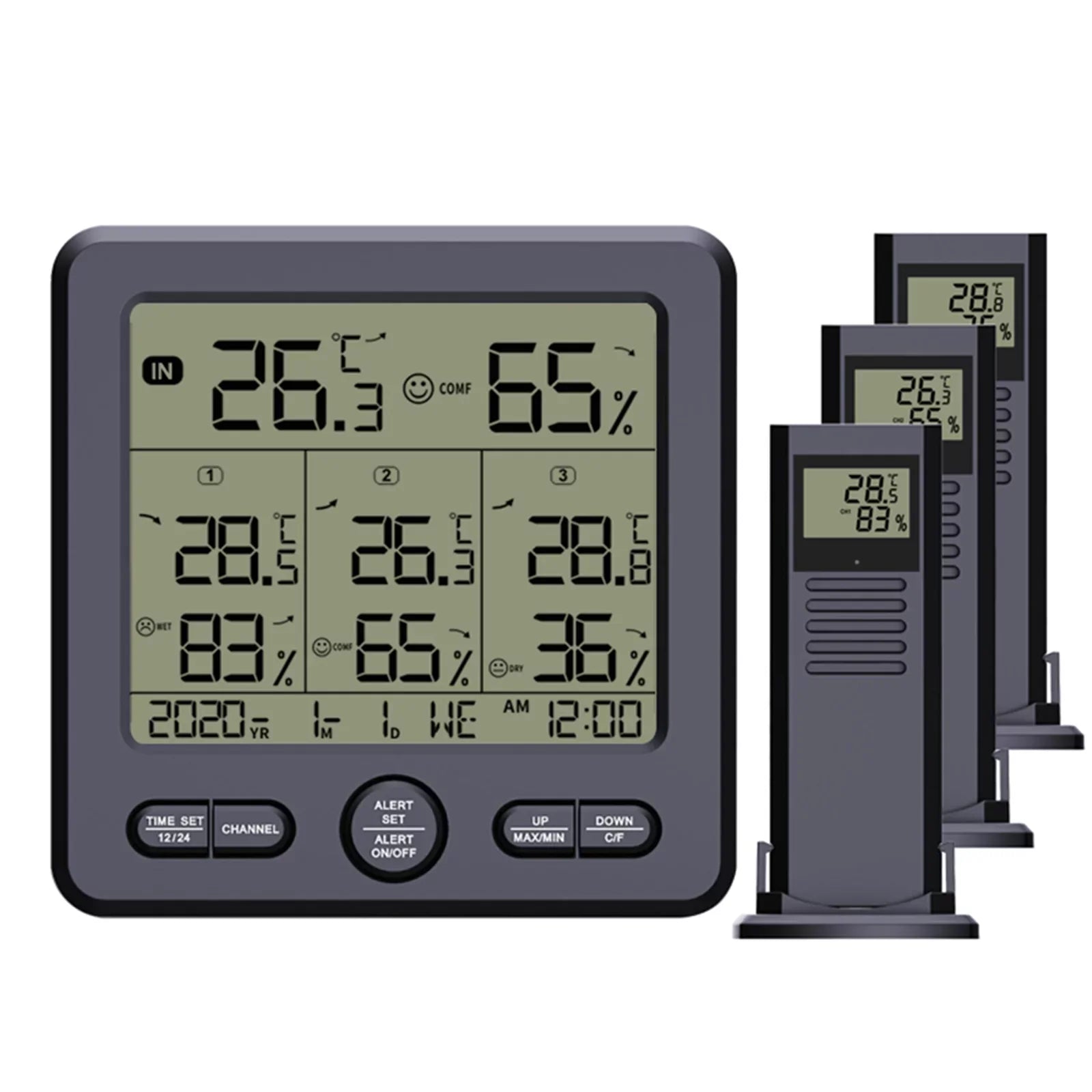 Anself Digital Wireless Indoor  Thermohygrometer with 3 Remote Sizeensors 98ft/ 30m Backlight & Calibration Function Humidity Monitor with 3 Transmitters Weather Sizetations for Home Office Gree