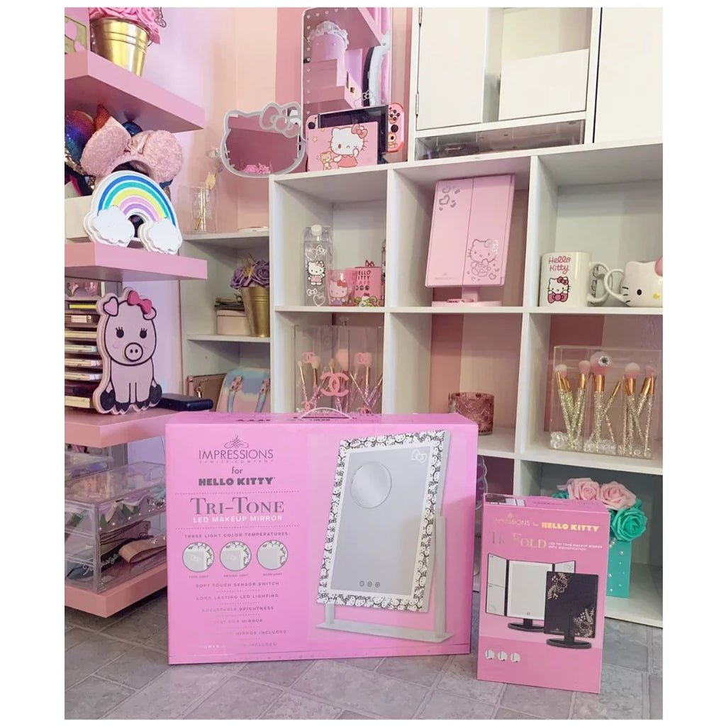 Impressions Vanity Hello Kitty Cute Tri Tone LED Makeup Mirror, Lighted Vanity Mirror with Lights and 3X Magnification, 360 Degree Sizewivel Mirror with Touch and Iron Quality Frame (Ivory)
