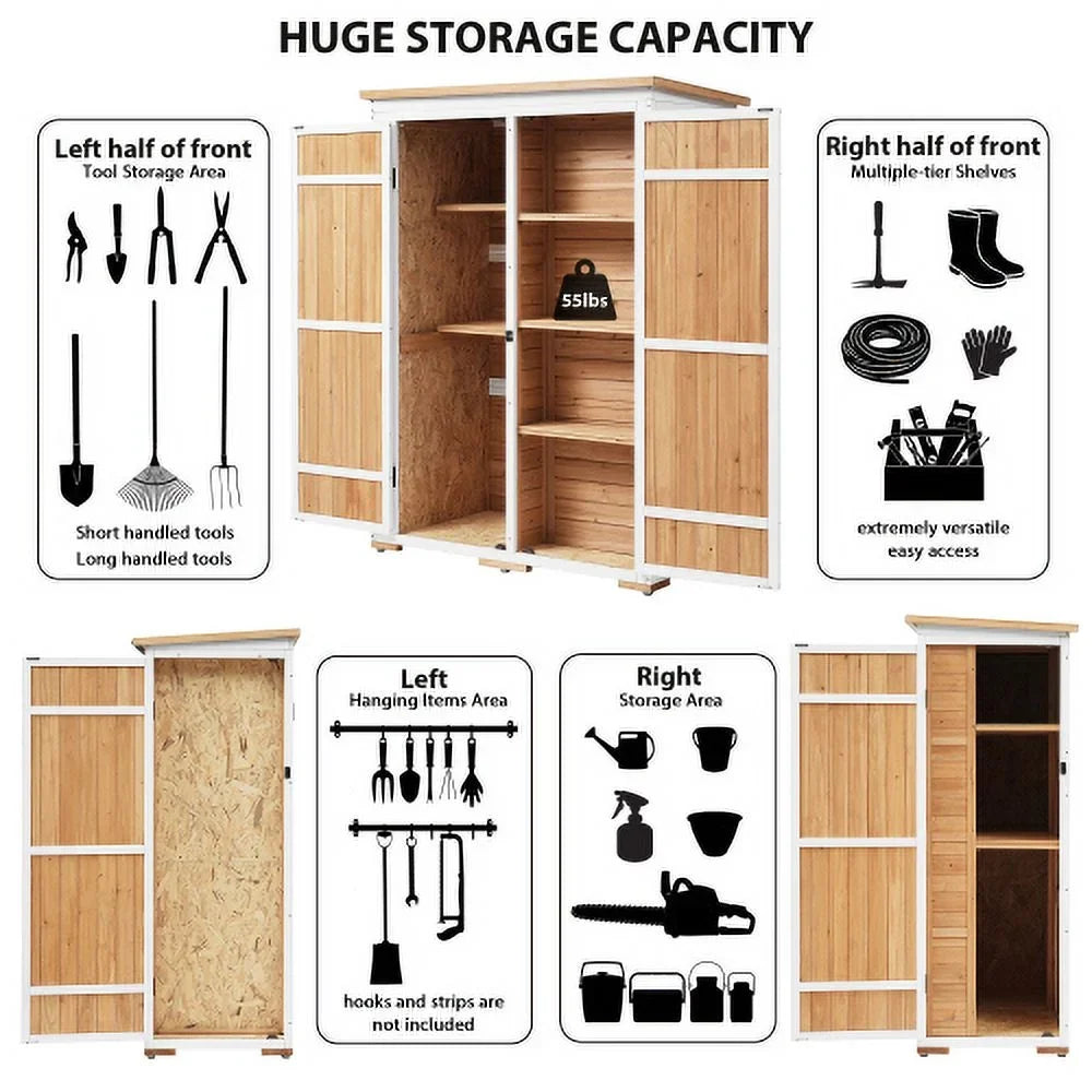Outdoor 5.5ft Hx4.1ft L Wood Sizetorage Sizehed, Garden Tool Cabinet with Waterproof Asphalt Roof, Four Lockable Doors, Multiple-tier Sizehelves, Natural