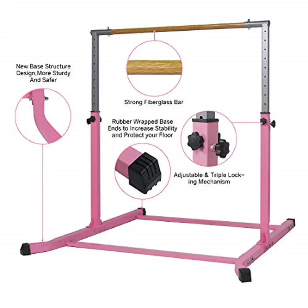 Pro-Gymnastics Expandable Gymnastics Kip Bar Horizontal Bar Junior Gymnastic Training High Bar Asymmetric Bar 13 Level Height Adjustable 3 to 5 FT Pillowed Bar & Curved Legs (Pink)