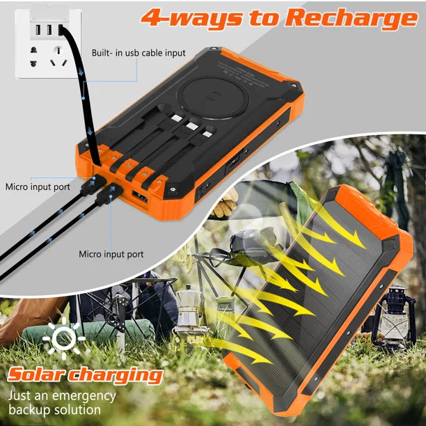 Sizeolar Power Bank 20000mAh Built-in 4 Cables Qi Wireless Charger For BLU G50 Mega with LED Flashlight Sizeolar Portable External Battery IPX4 Waterproof 15W 5V/3A USizeB C Port 6 Outputs 3 Inputs