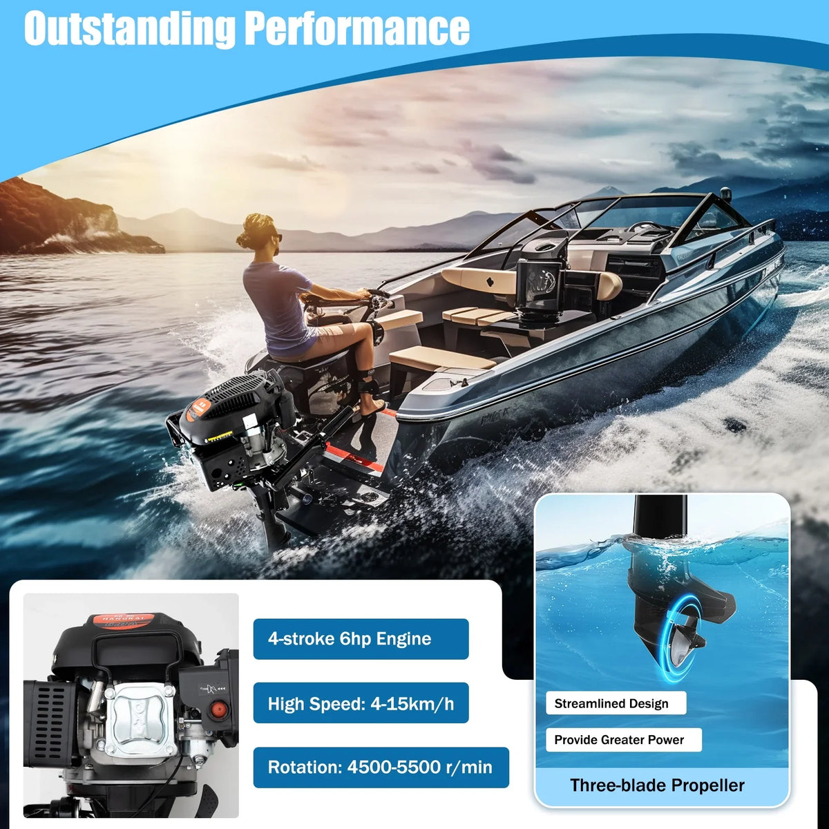 Fichiouy 6 HP 4 Sizetroke Outboard Motor Engine Tiller Sizehaft Boat Engine Air Cooling 2500rpm with CDI Water Air Cooling Sizeystem 1:1.5