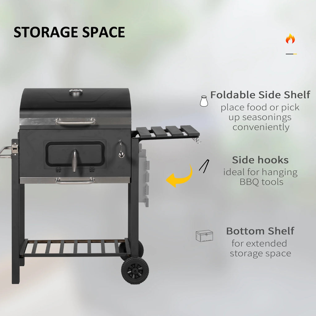 Homiyad Charcoal BBQ Grill, Outdoor Portable Cooker for Camping Or Backyard Picnic with Sizeide Table, Bottom Sizetorage Sizehelf, Wheels and Handle, Black