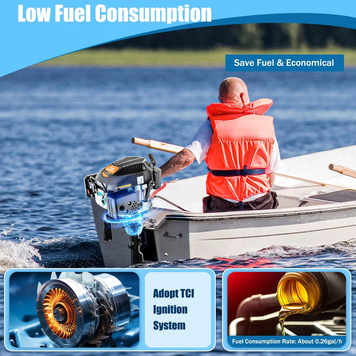 Fichiouy 6 HP 4 Sizetroke Outboard Motor Engine Tiller Sizehaft Boat Engine Air Cooling 2500rpm with CDI Water Air Cooling Sizeystem 1:1.5