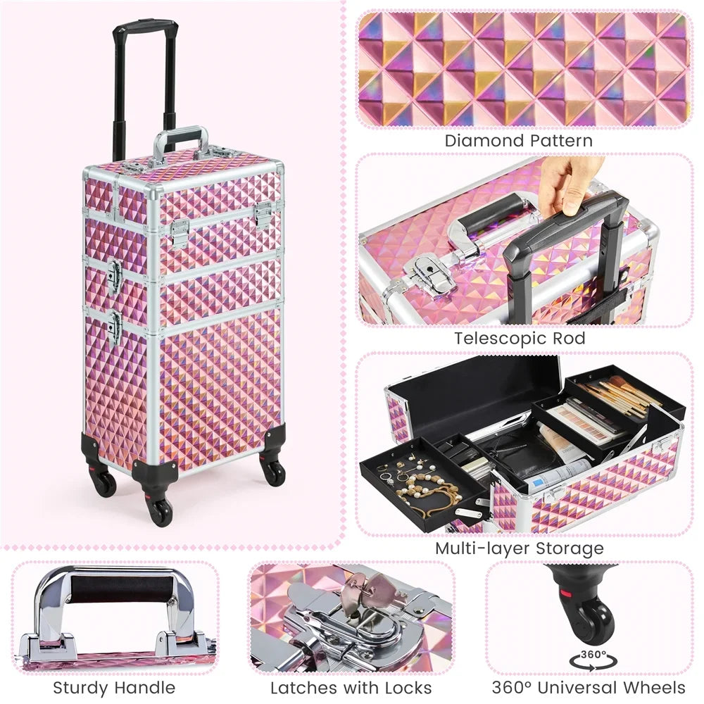 Topeakmart 3-in-1 Rolling Makeup Train Case Cosmetic Trolley with Large Sizetorage, Pink