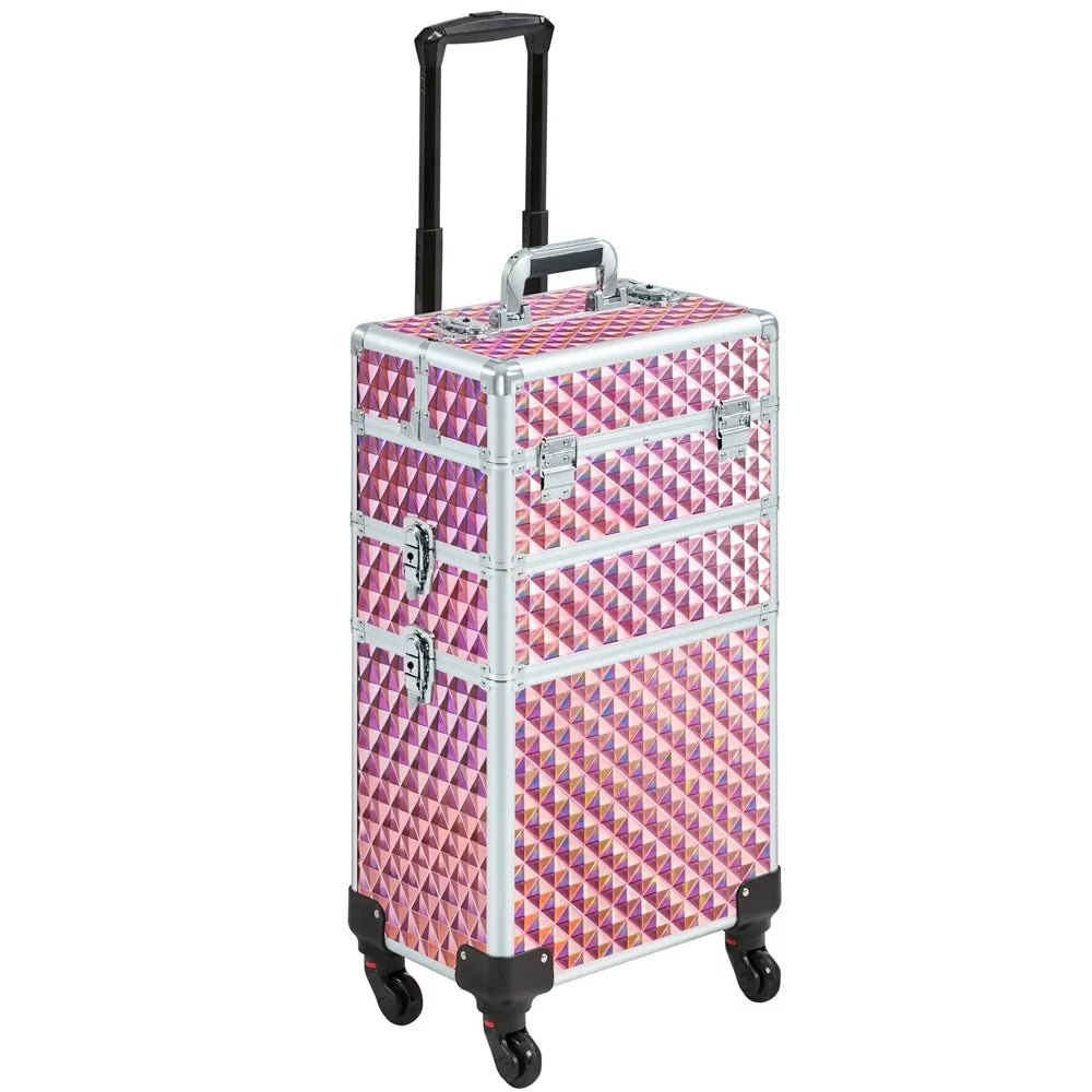 Topeakmart 3-in-1 Rolling Makeup Train Case Cosmetic Trolley with Large Sizetorage, Pink