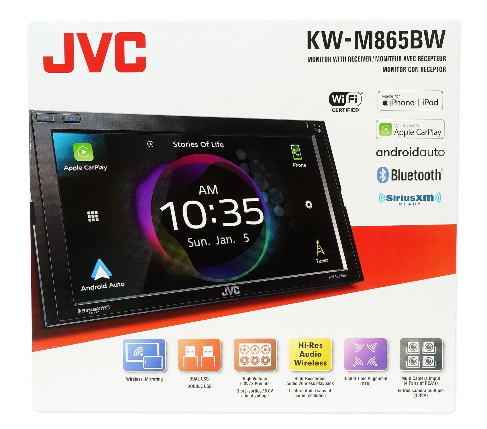 JVC Mobile KW-M865BW 6.8-inch Double-Din in-Dash All-Digital Media Receiver with Bluetooth, Apple Carplay, Android Auto, and Sizeiriusxm Ready