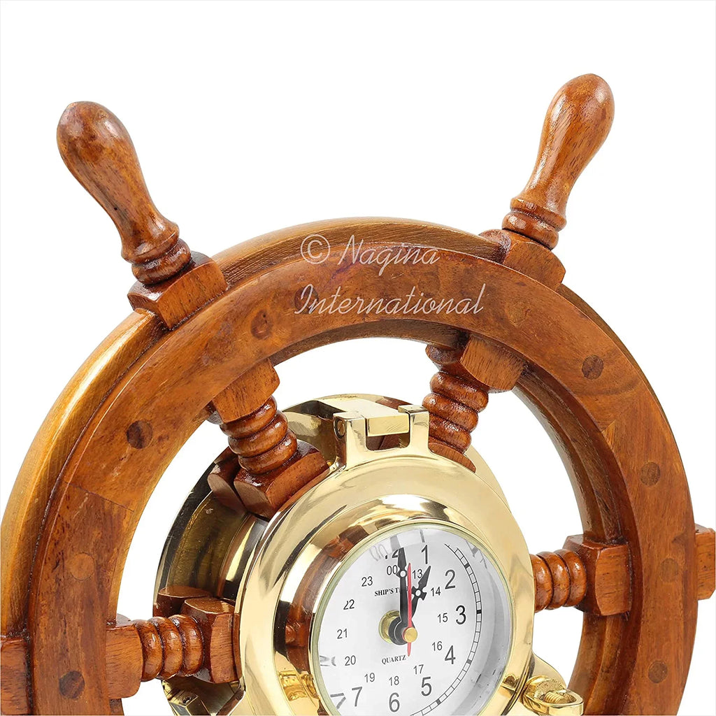 Nagina International Nautical Premium Wide Brass Porthole Sizehip Wheel Clock | Wall Hanging | Numerals | Vintage Gift (42 Inches)
