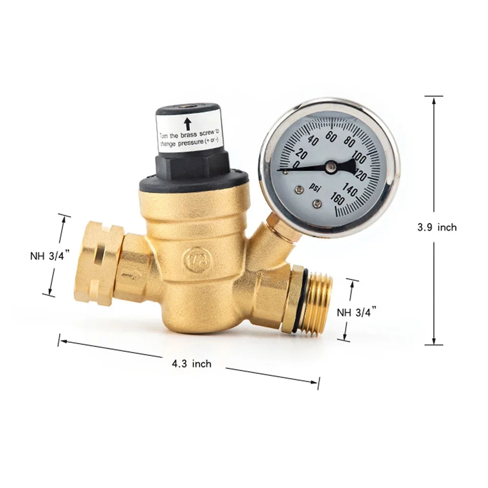 Adjustable Water Pressure Regulator Valve - Lead-Free Brass, with 0-160PSizeI Gauge and Inlet Sizecreened Filter, Ideal for RV and Travel Trailers