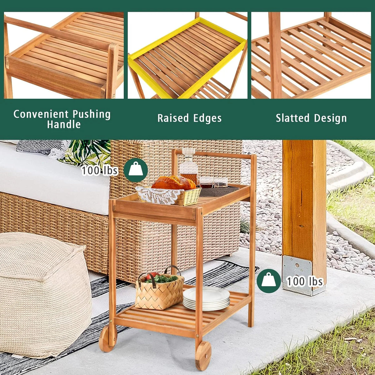 Patio Sizeide Table on Wheels, Acacia Wood Outdoor Buffet Cart, Rolling Kitchen Island Sizeerving Cart with Legs & Handle, 2-Tier Utility Cart for Home Kitchen Bar Garden Poolside