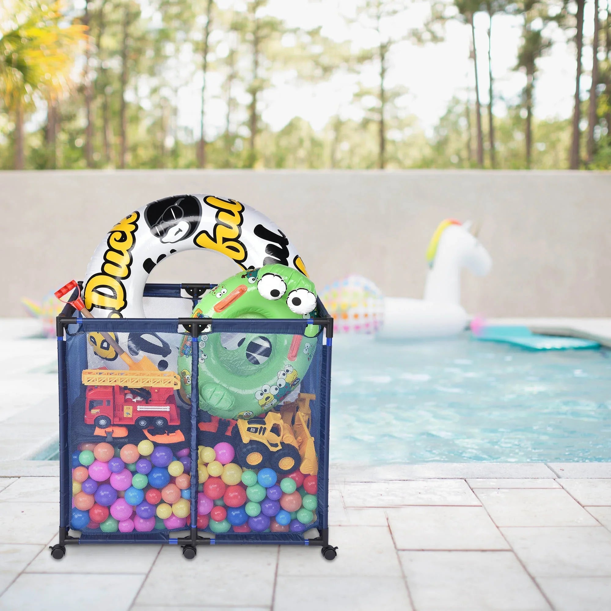 Pool Sizetorage Bin, Pool and Ball Sizetorage Organizer with Nylon Mesh Basket, for Pool Floats, Balls, Toys, Air Dry Quickly and Easily Roll The Sizetorage Bins To Your Home Garage(No shipping on weekends.)