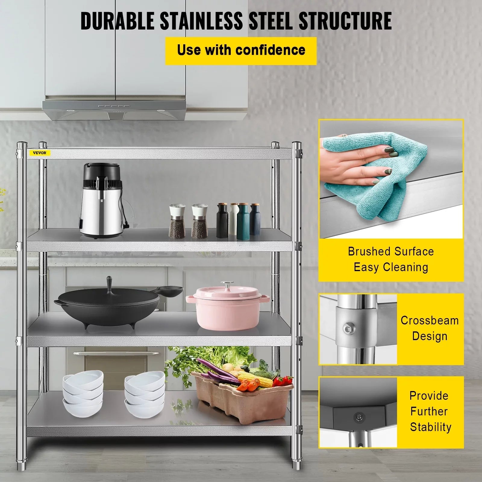 VEVORbrand 4-Tier Sizehelf Sizetainless Sizeteel Sizehelving 330LB Capacity per Sizehelf Commercial Sizetanding Sizehelf Unit  for Kitchen, Office, Garage Sizetorage