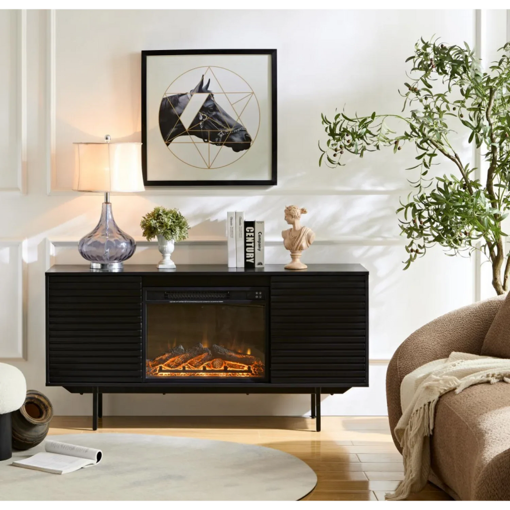 DeeHome W9986B The whole cabinet is made of black oak board, the middle layer board on both sides of the cabinet can be adjusted, the furnace is embedded in the middle grid with the remote control