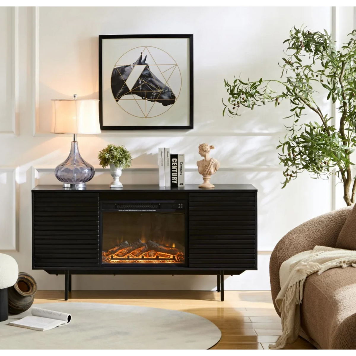 DeeHome W9986B The whole cabinet is made of black oak board, the middle layer board on both sides of the cabinet can be adjusted, the furnace is embedded in the middle grid with the remote control