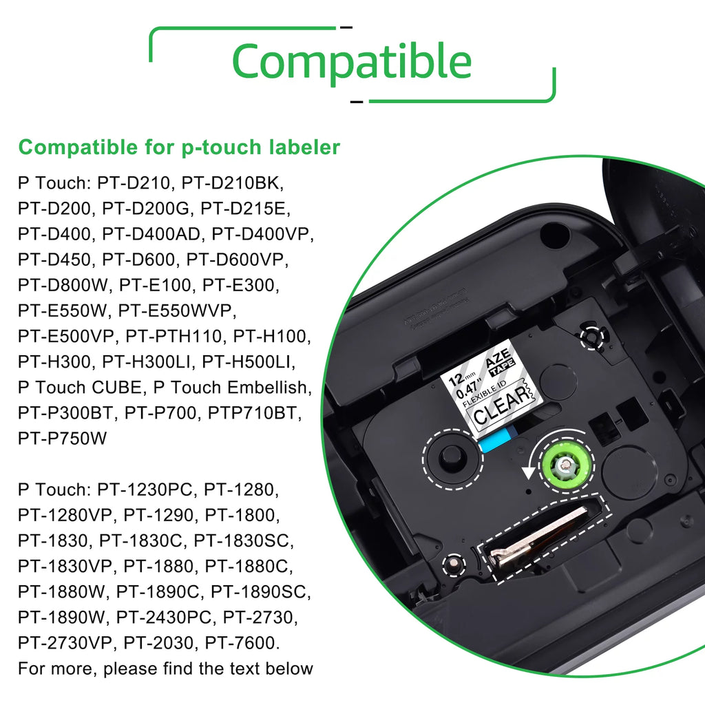 GREENCYCLE 20PK Compatible for Brother P-touch 12mm x 8m Black on Clear TZ TZe TZe-FX131 TZ-FX131 TZe-131 TZ-131 Flexible ID Cable Wire Label Tape