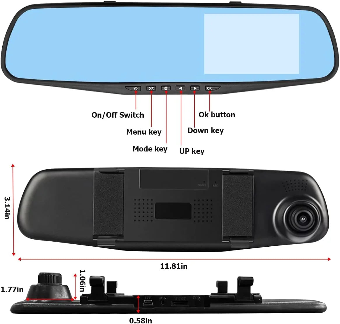 Mirror Dash Cam for Car, 4.3" Backup Sizemart Rearview Mirror Camera, Waterproof HD 1080P Front and Rear Wide Angle,