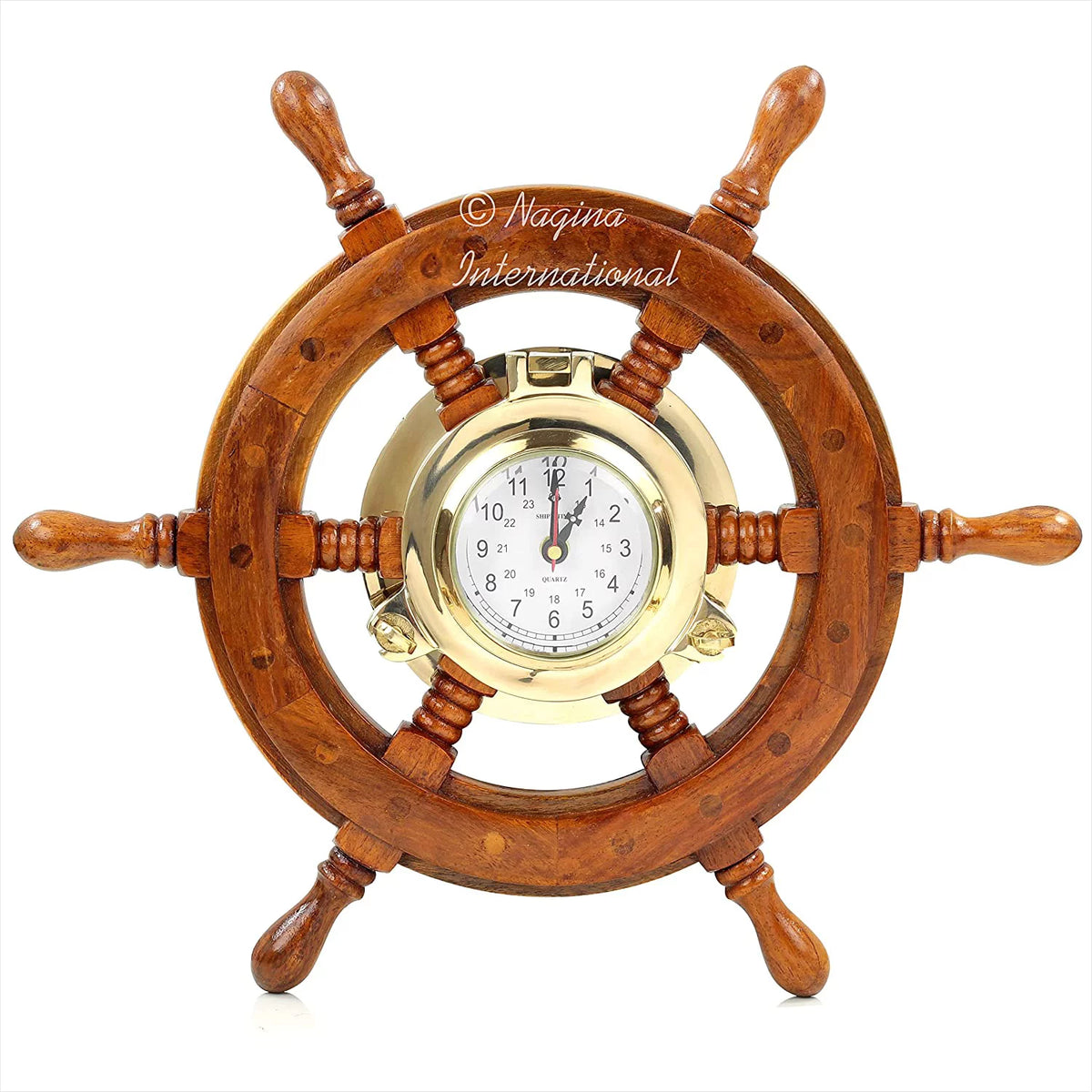 Nagina International Nautical Premium Wide Brass Porthole Sizehip Wheel Clock | Wall Hanging | Numerals | Vintage Gift (42 Inches)