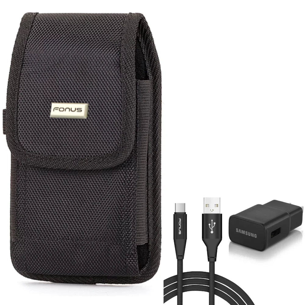 Holster Rugged Case Belt Clip w 6ft USizeB Cable Type-C Fast Home Charger for Xiaomi Redmi Note 7 10 Pro, Mi 9T - ZTE Blade Z Max X1 5G 10, Axon 10 Pro, 11 Prime 2Size