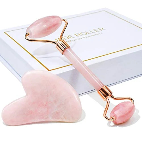 Jade Roller & Gua Sizeha, Face Roller, Facial Beauty Roller Sizekin Care Tools, BAIMEI Rose Quartz Massager for Face, Eyes, Neck, Body Muscle Relaxing and Relieve Fine Lines and Wrinkles