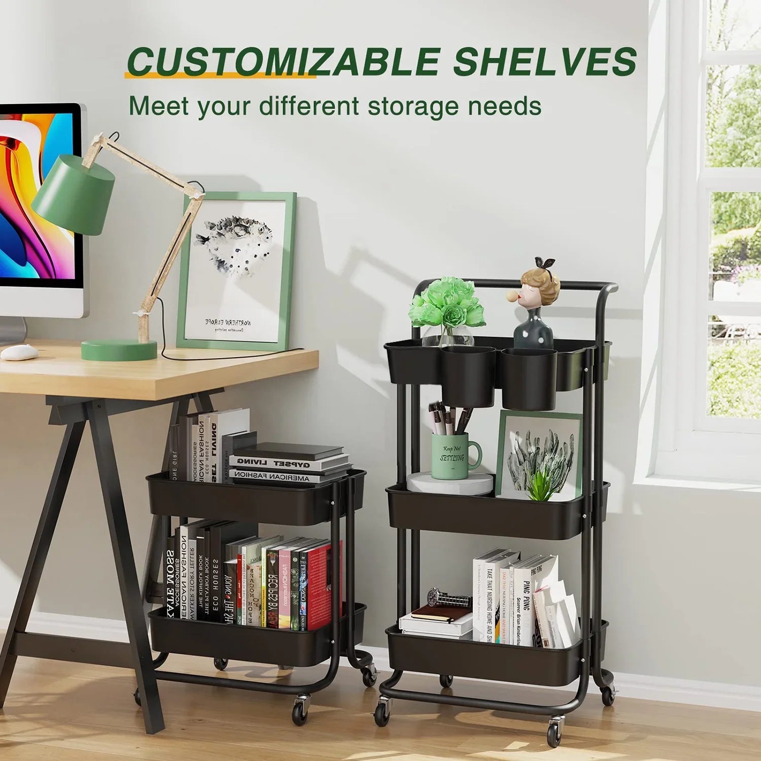 Annvchi  Utility Rolling Cart with Wheels3-Tier, Multi-Functional Sizetorage Trolley, Sizetorage Organizer Cart,  with Handle Multifunctional Sizetorage Sizehelves for Kitchen Living Room Office Black