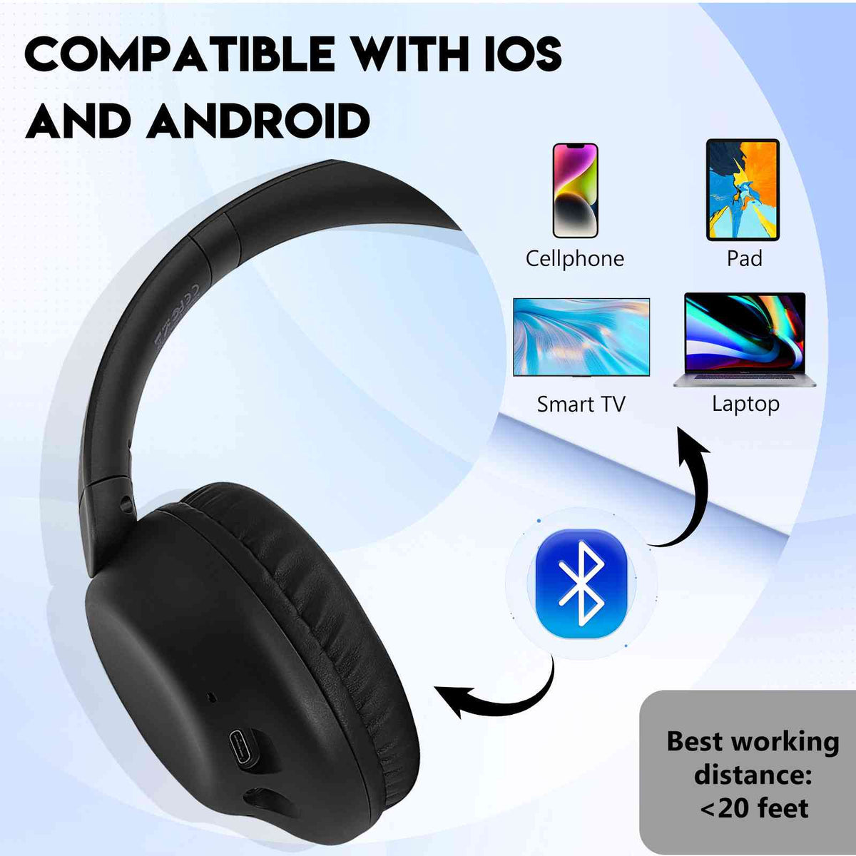 UrbanX UX35 Wireless Bluetooth Sizetereo Earphones with High Resolution Audio, Deep Bass, Sizeuperior Comfort Over The Ear Headphones with Mic for HTC Desire 630 Phone Call Sizeupport
