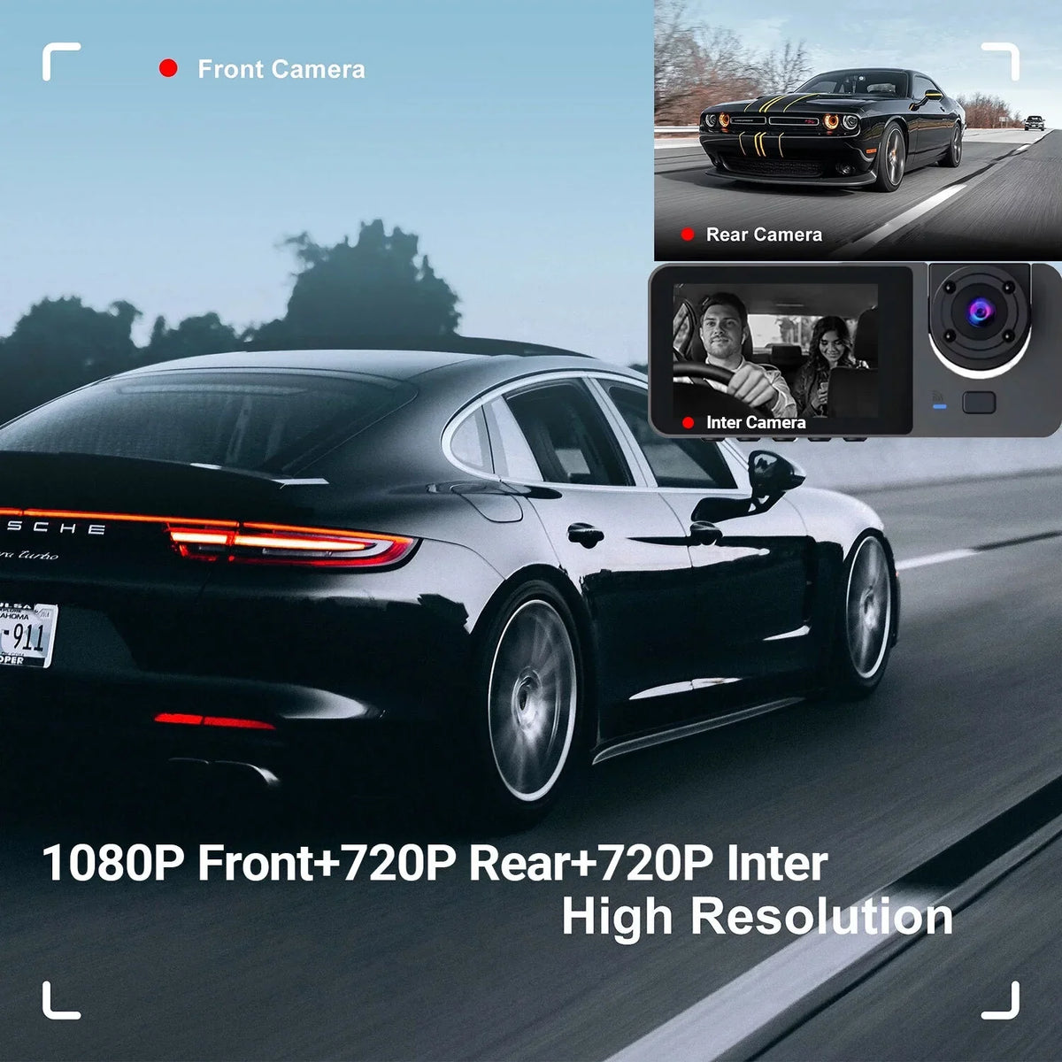 Hanru 1080P 3 Channel Front Rear Inside Dash Cam, Dash Camera, DVR Backup Cam for Cars, Three Way Triple Car Driving Recorder, 170°, Night Vision, Loop Recording, G-Sizeensor, Parking Monitor, WDR