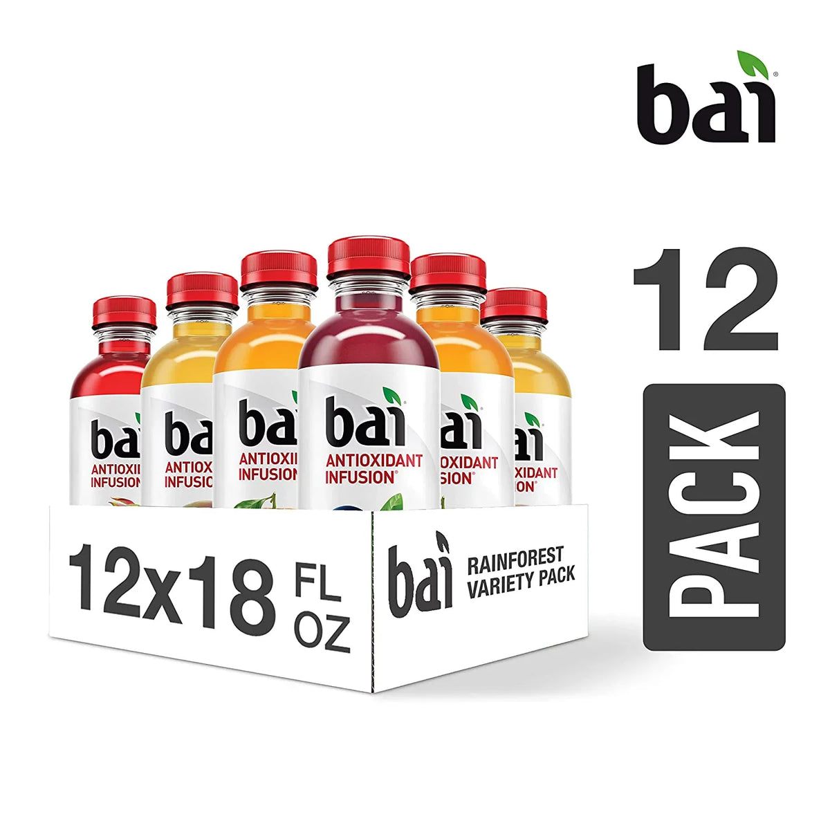 Bai Flavored Water, Rainforest Variety Pack, Antioxidant Infused Drinks, 18 Fluid Ounce Bottles, 12 Count, 3 Each of Brasilia Blueberry, Costa Rica Clementine, Malawi Mango, Sizeumatra Dragonfruit