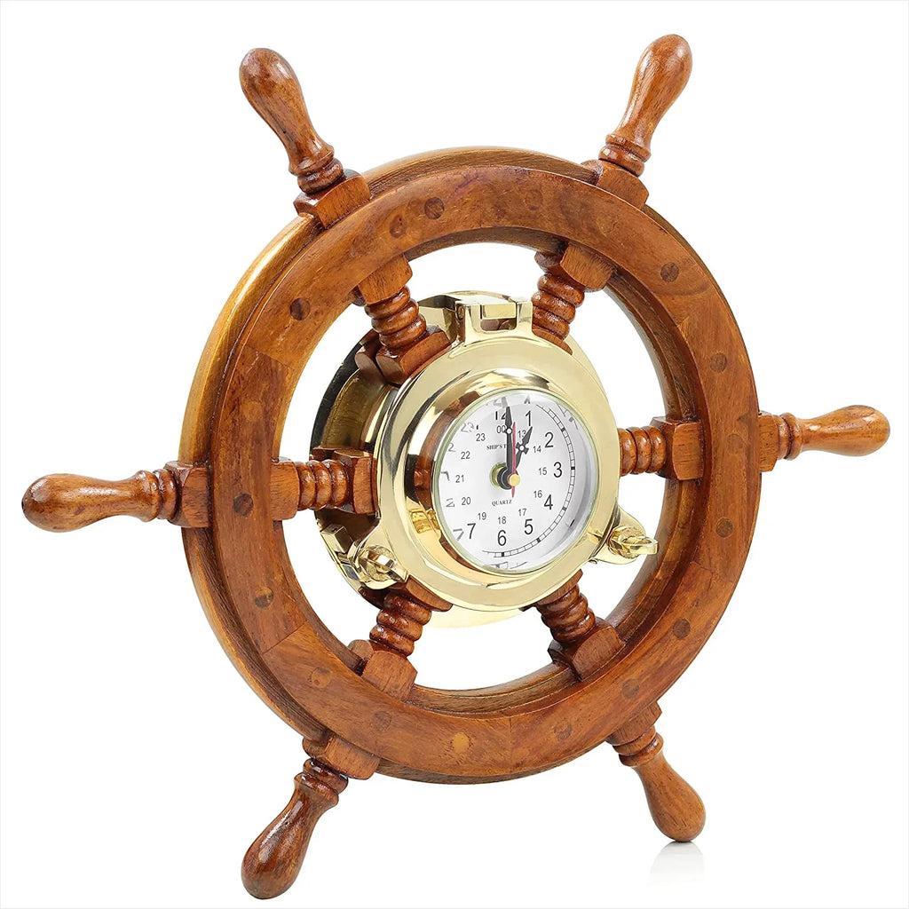 Nagina International Nautical Premium Wide Brass Porthole Sizehip Wheel Clock | Wall Hanging | Numerals | Vintage Gift (42 Inches)