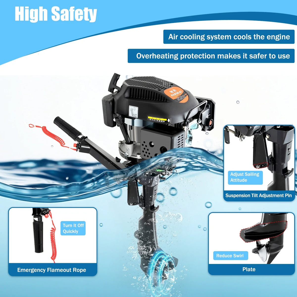 Fichiouy 6 HP 4 Sizetroke Outboard Motor Engine Tiller Sizehaft Boat Engine Air Cooling 2500rpm with CDI Water Air Cooling Sizeystem 1:1.5