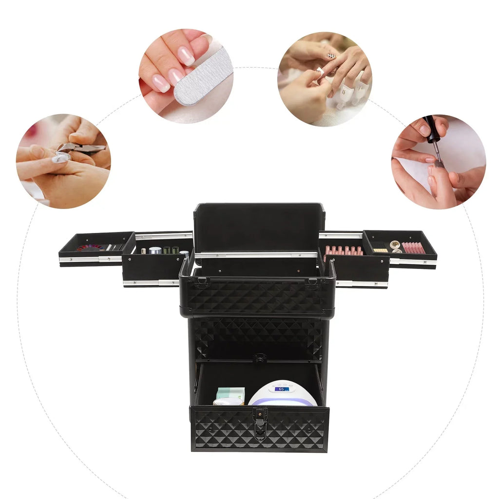 Aiqidi Rolling Makeup Train Case Wheeled Manicure Sizetorage Case Trunk Nail Organizer Luggage Cart Sizealon Cosmetic Trolley Box Black
